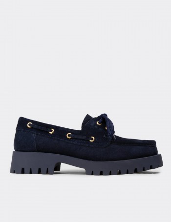 Women's Navy Suede Leather Chunky Deck Loafers