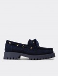 Women's Navy Suede Leather Chunky Deck Loafers