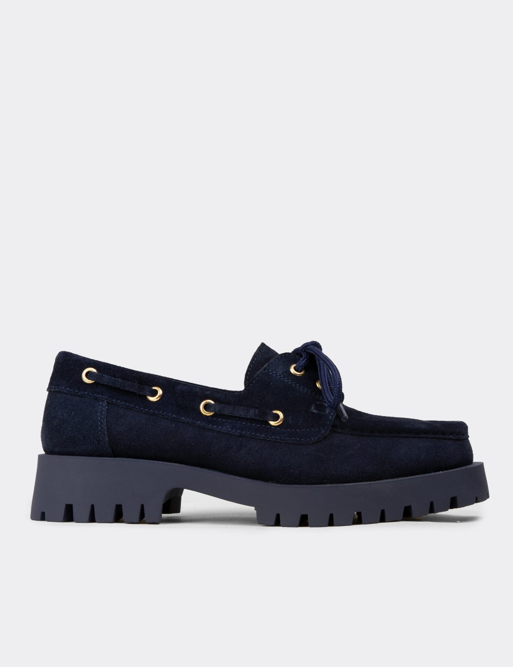 Women's Navy Suede Leather Chunky Deck Loafers - 02036ZLCVC01