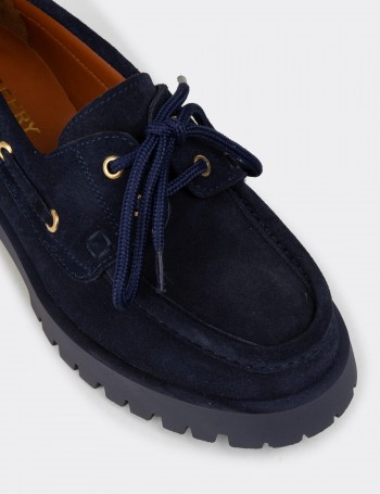 Women's Navy Suede Leather Chunky Deck Loafers