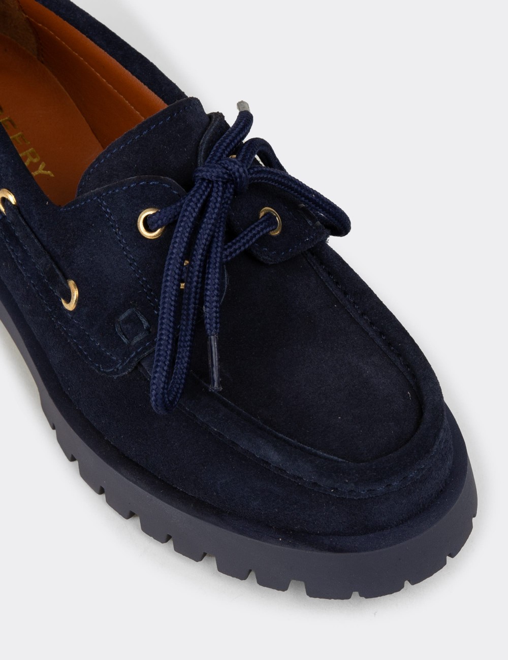 Women's Navy Suede Leather Chunky Deck Loafers - 02036ZLCVC01