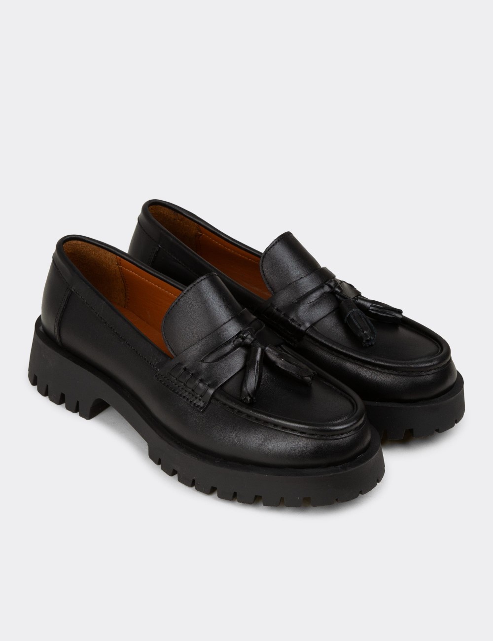 Women's Black Leather Tassel Loafers - 02035ZSYHC02