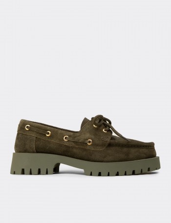 Women's Green Suede Leather Chunky Deck Loafers