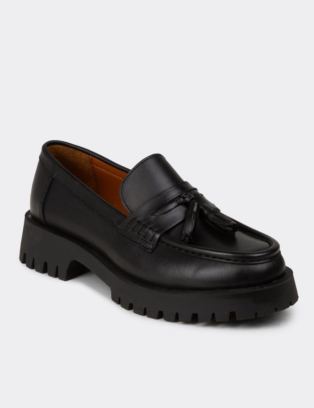 Women's Black Leather Tassel Loafers - 02035ZSYHC02
