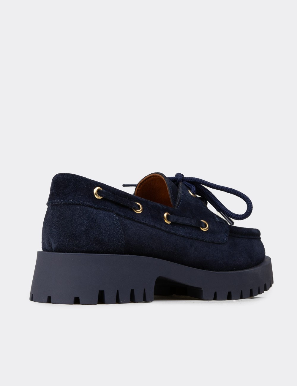 Women's Navy Suede Leather Chunky Deck Loafers - 02036ZLCVC01