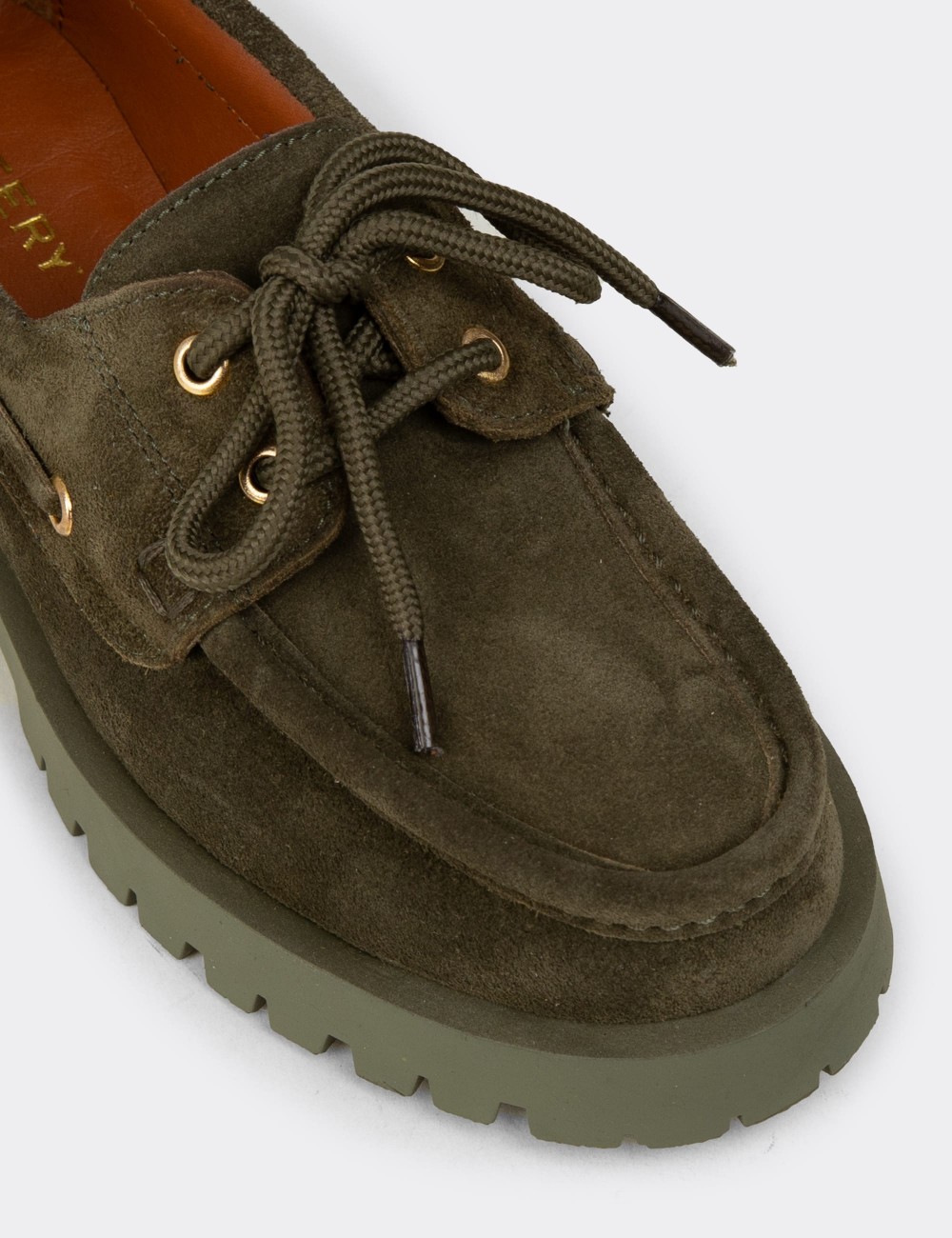 Women's Green Suede Leather Chunky Deck Loafers - 02036ZYSLC01