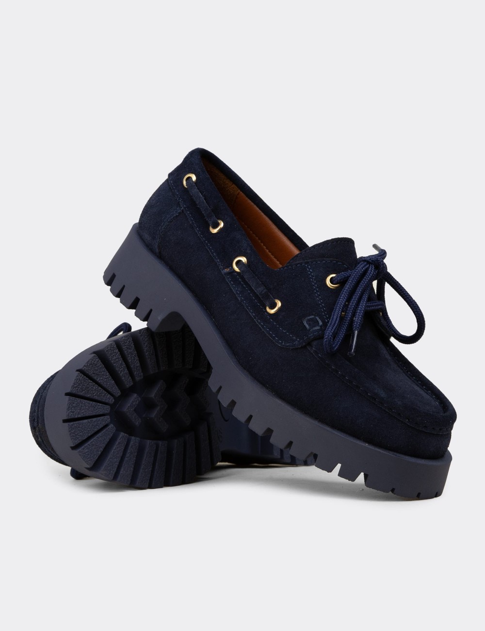 Women's Navy Suede Leather Chunky Deck Loafers - 02036ZLCVC01