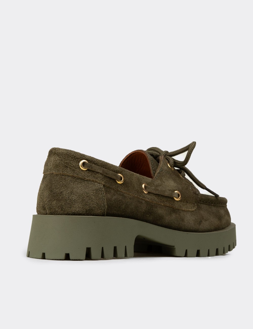 Women's Green Suede Leather Chunky Deck Loafers - 02036ZYSLC01