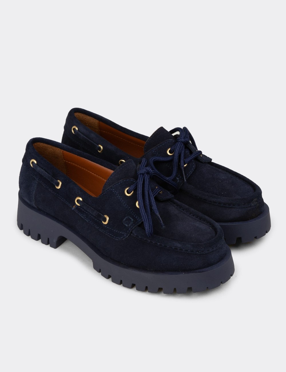 Women's Navy Suede Leather Chunky Deck Loafers - 02036ZLCVC01