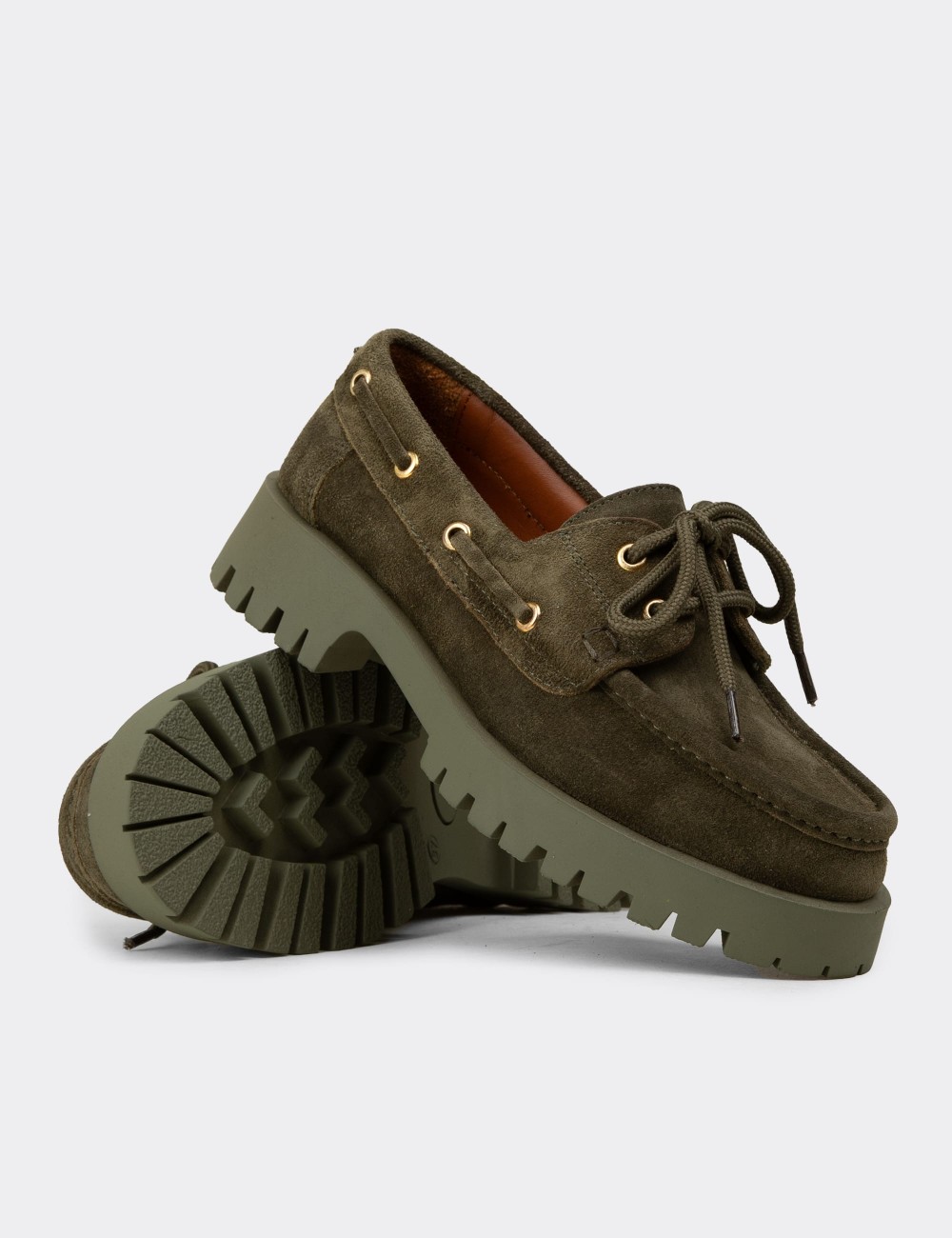 Women's Green Suede Leather Chunky Deck Loafers - 02036ZYSLC01