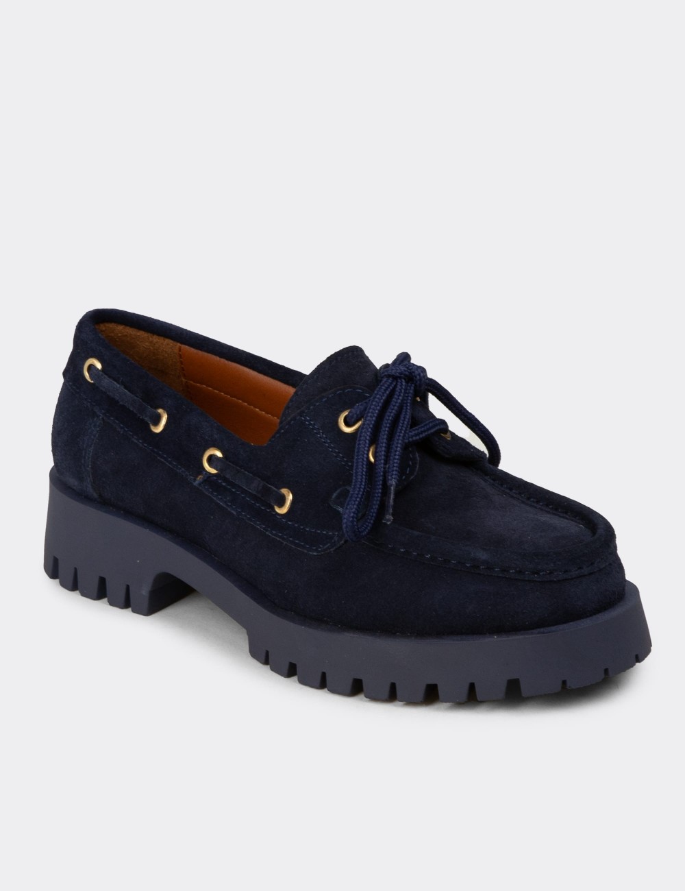 Women's Navy Suede Leather Chunky Deck Loafers - 02036ZLCVC01