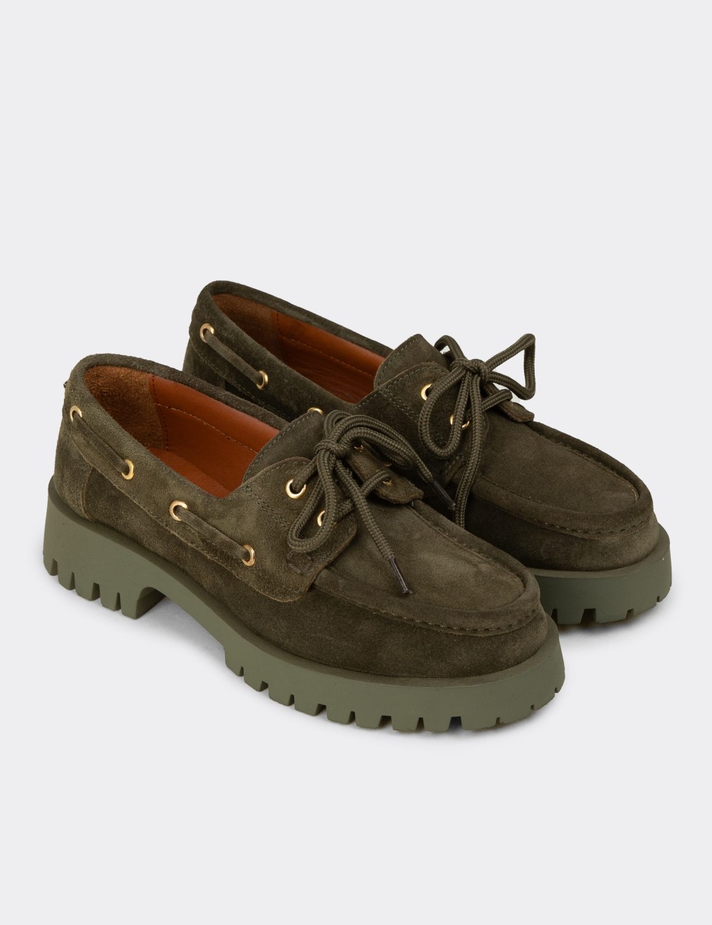 Women's Green Suede Leather Chunky Deck Loafers - 02036ZYSLC01