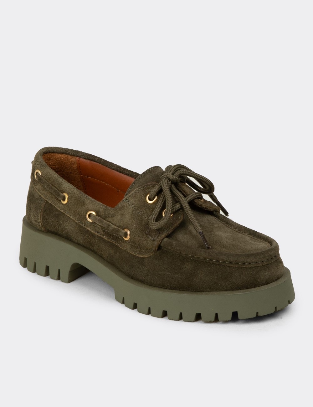 Women's Green Suede Leather Chunky Deck Loafers - 02036ZYSLC01