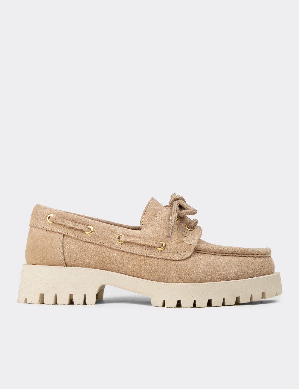 Women's Beige Suede Leather Chunky Deck Loafers - 02036ZBEJC01