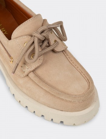 Women's Beige Suede Leather Chunky Deck Loafers