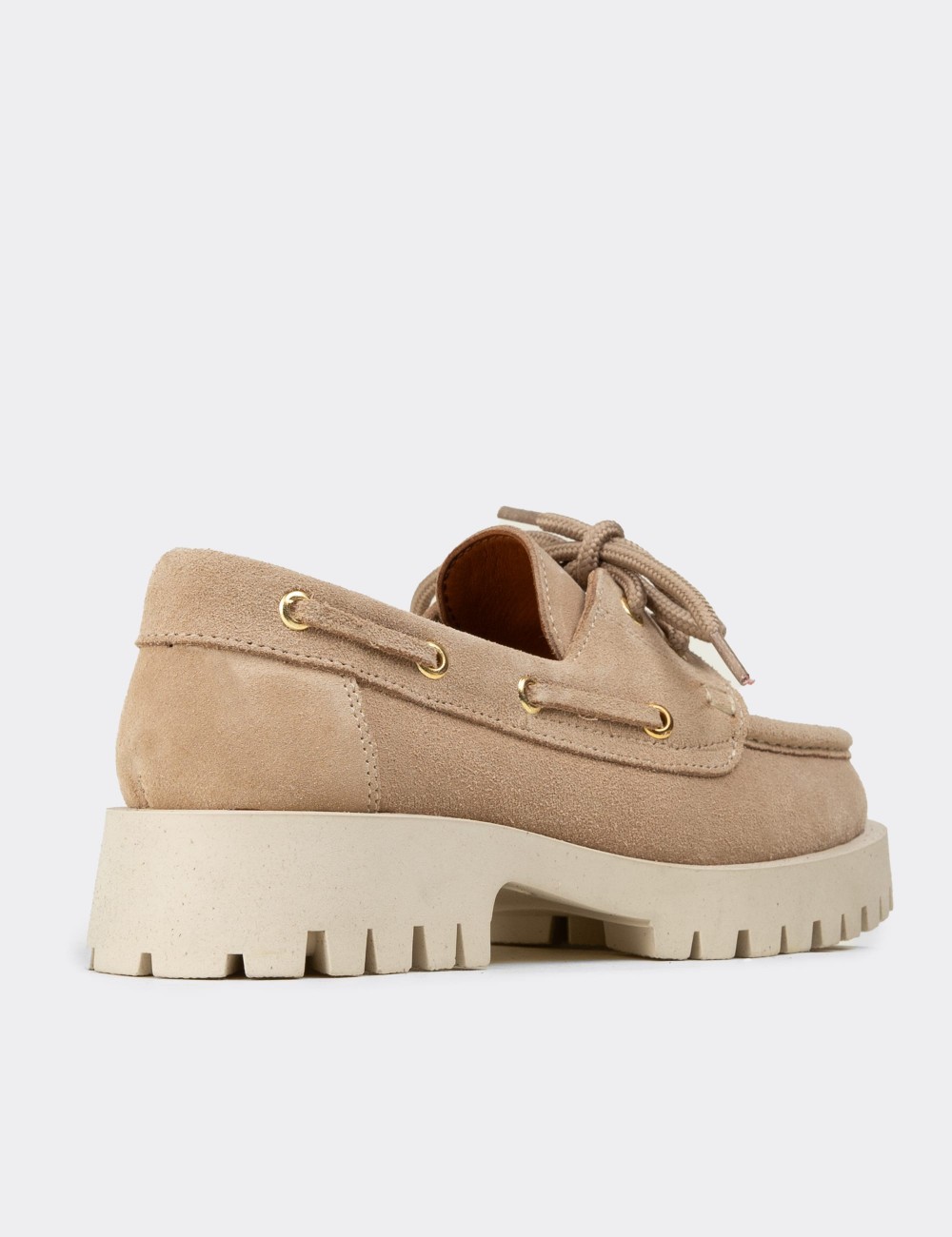 Women's Beige Suede Leather Chunky Deck Loafers - 02036ZBEJC01