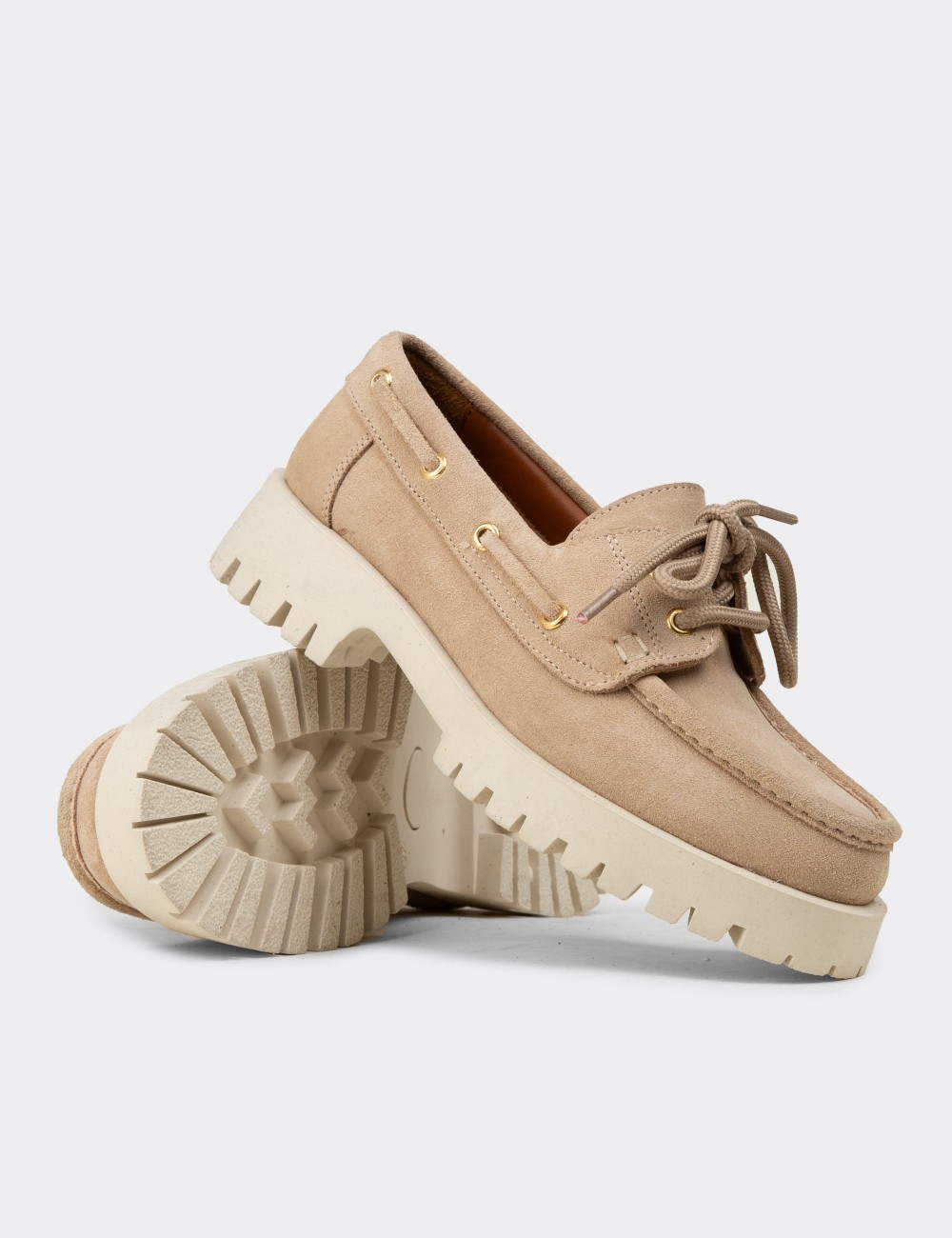 Women's Beige Suede Leather Chunky Deck Loafers - 02036ZBEJC01