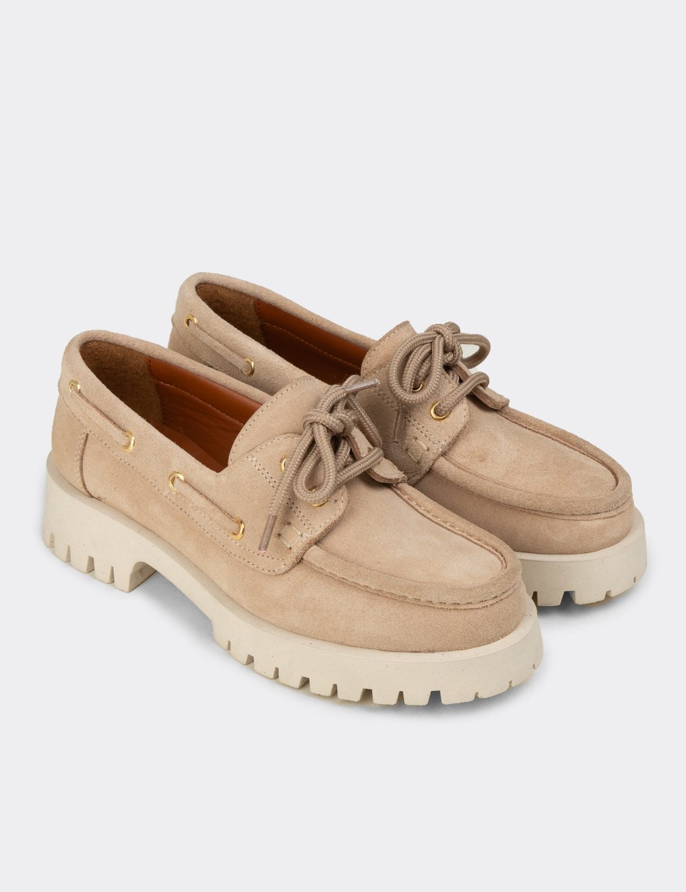 Women's Beige Suede Leather Chunky Deck Loafers - 02036ZBEJC01