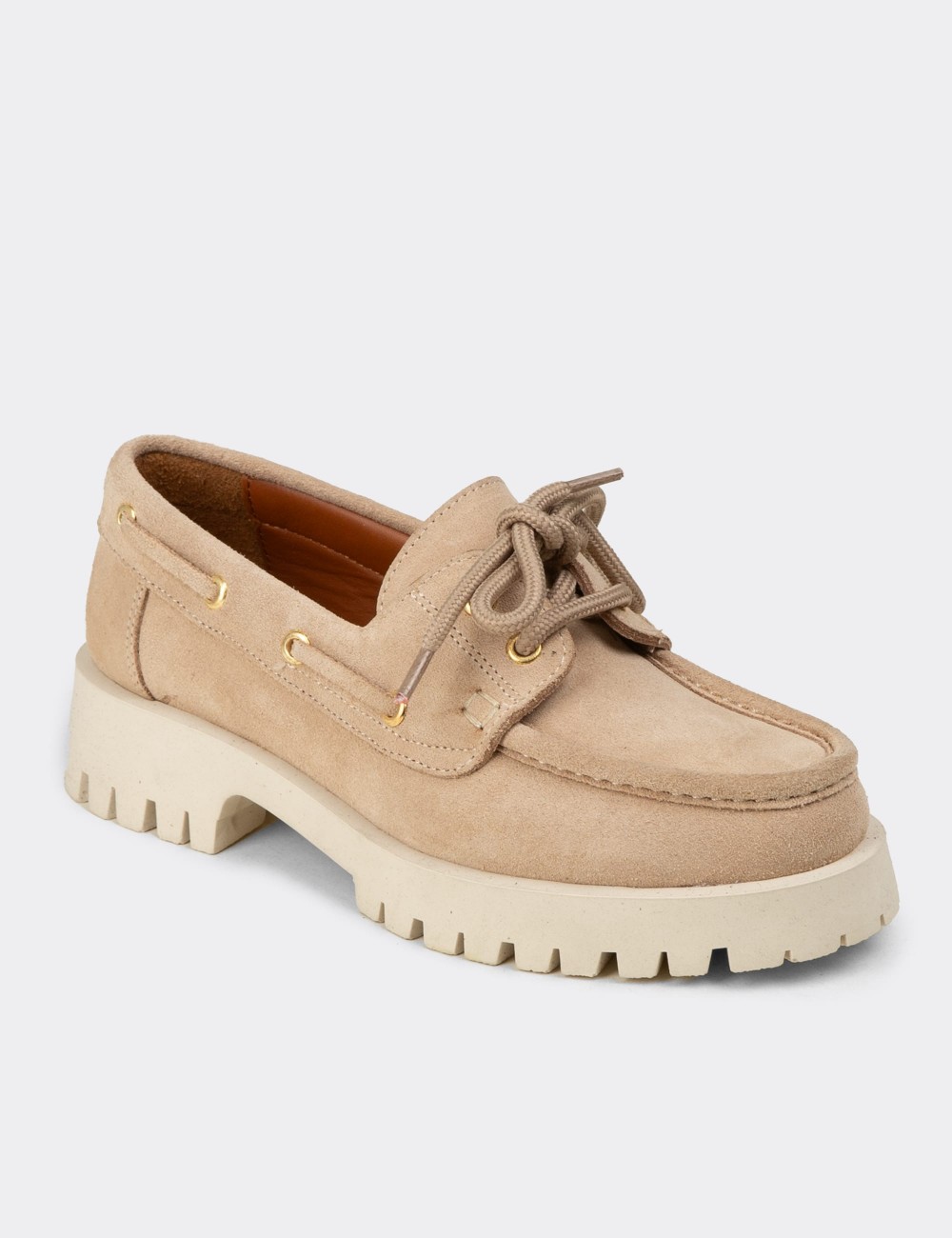 Women's Beige Suede Leather Chunky Deck Loafers - 02036ZBEJC01