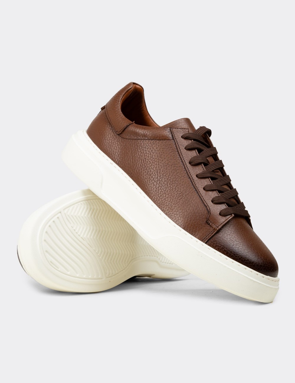 Men's Tan Leather Sneakers - 04651MTBAE01