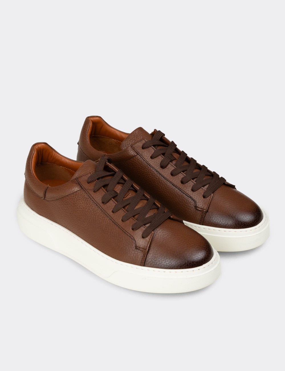 Men's Tan Leather Sneakers - 04651MTBAE01