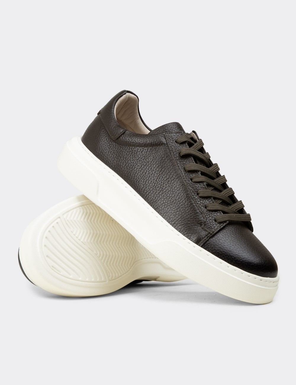 Men's Khaki Leather Sneakers - 04651MHAKE01