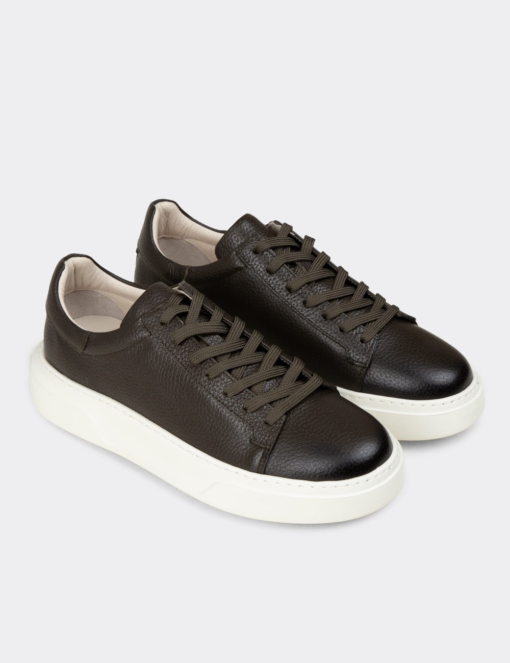 Men's Khaki Leather Sneakers - 04651MHAKE01