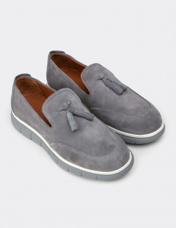 Men's Gray Suede Leather Tassel Loafers