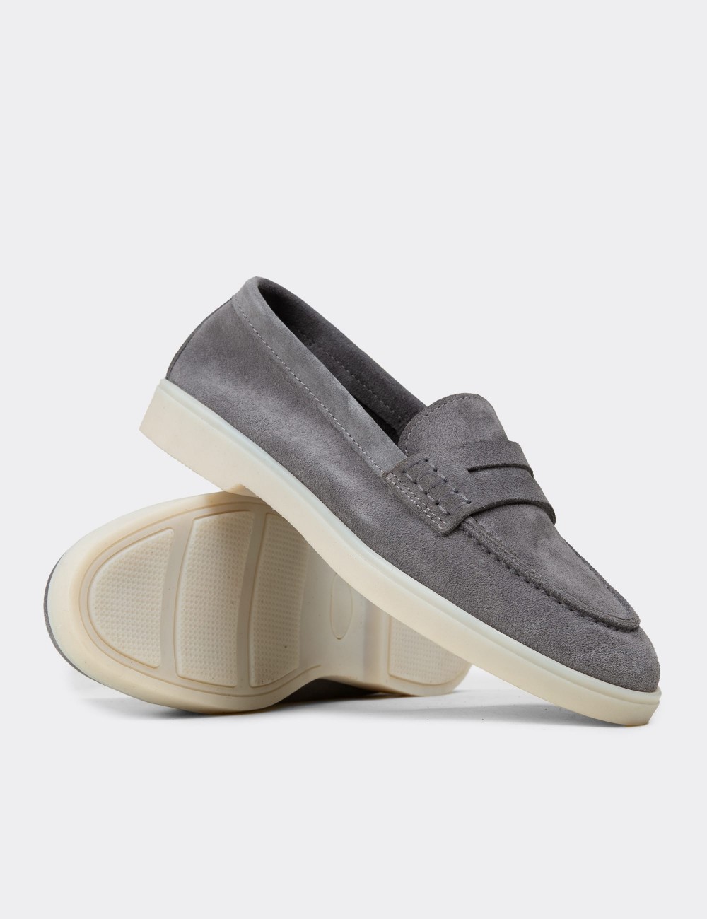 Women's Gray Suede Leather Loafers - 02038ZGRIC01