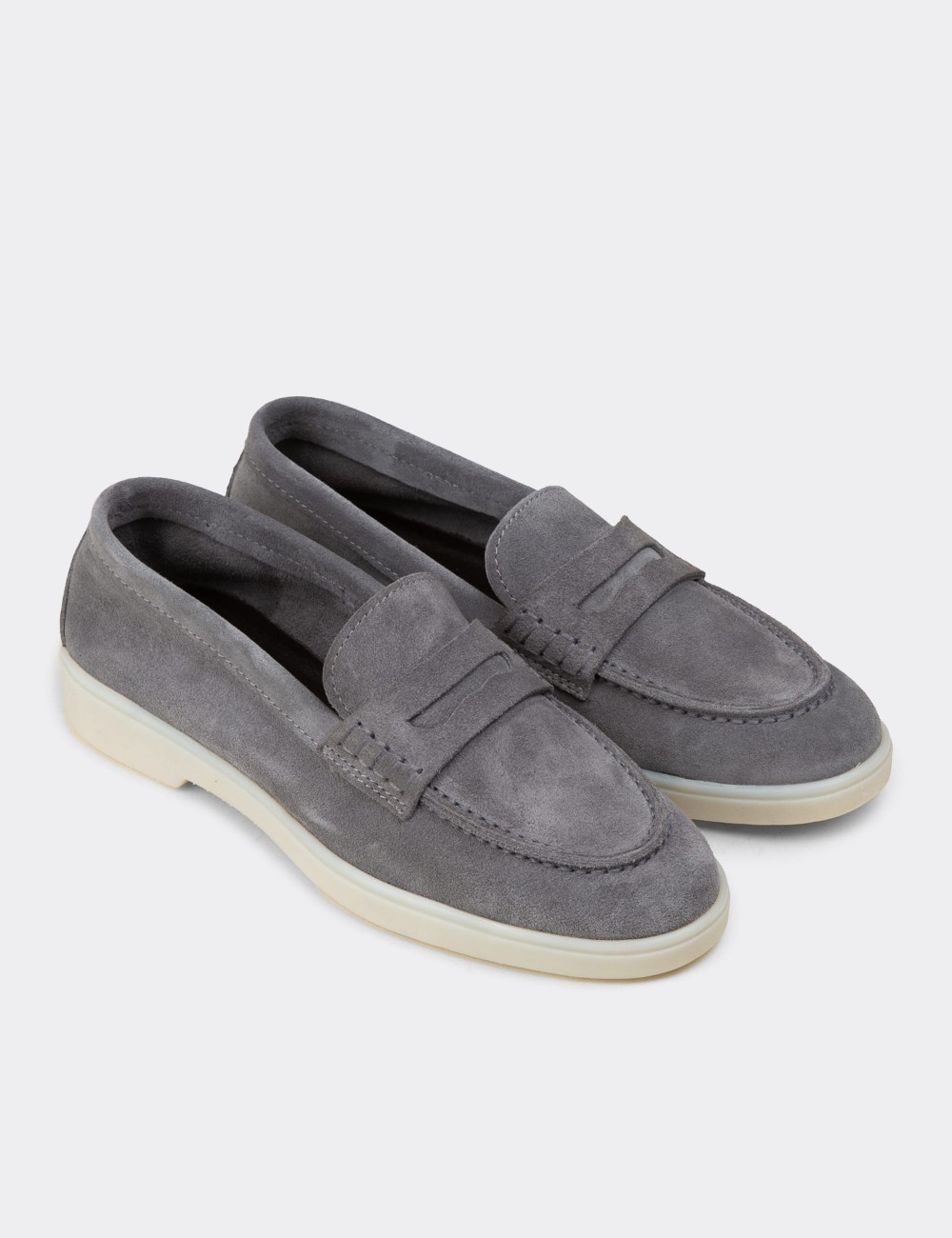 Women's Gray Suede Leather Loafers - 02038ZGRIC01