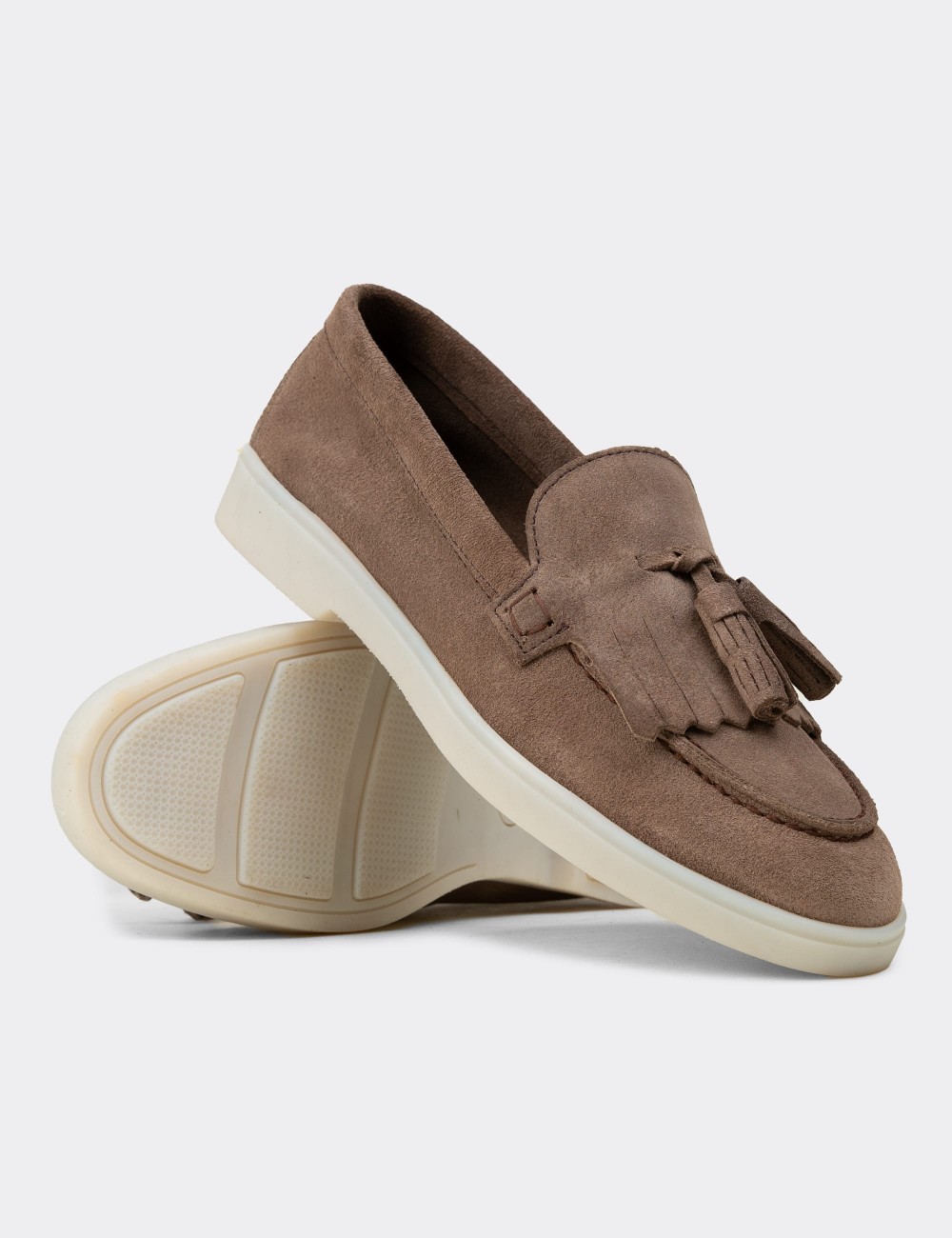 Women's Sandstone Suede Leather Tassel Loafers - 02042ZVZNC01