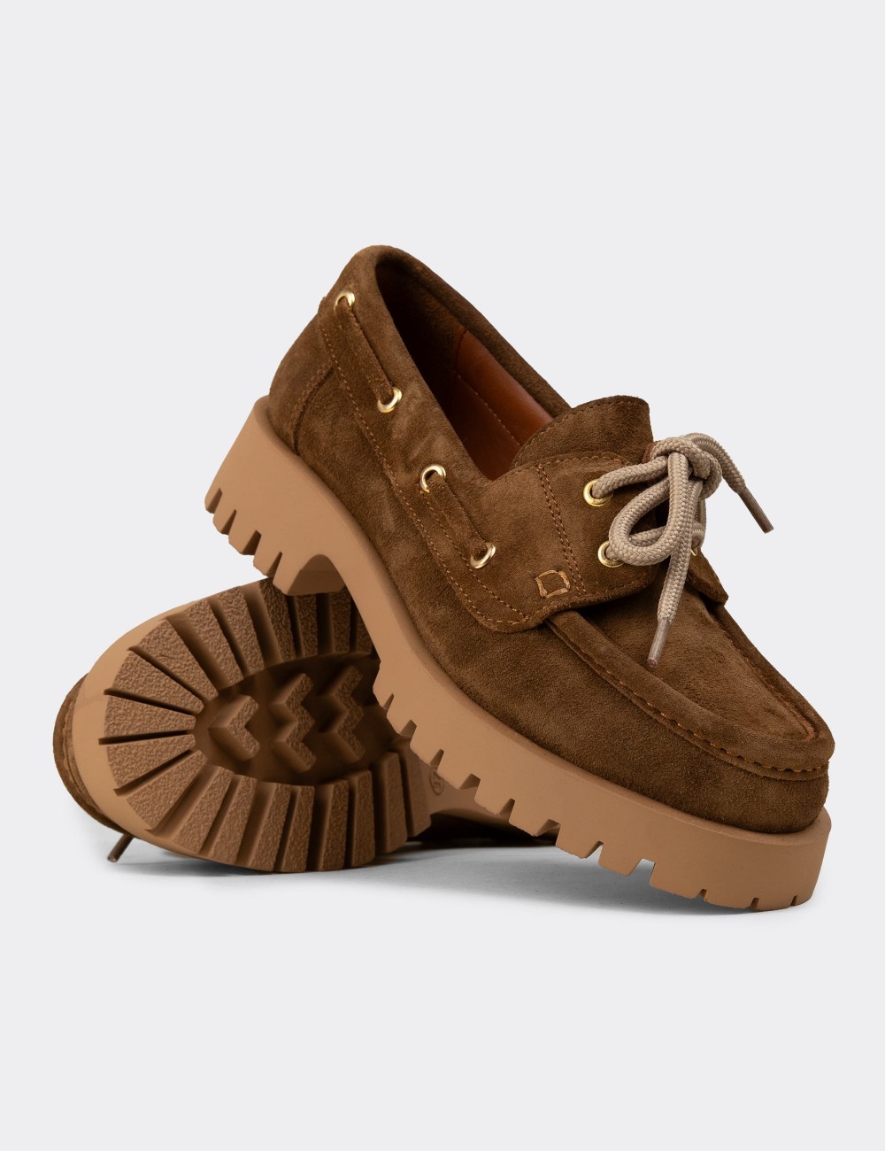 Women's Tan Suede Leather Boat Loafers - 02036ZTBAC01