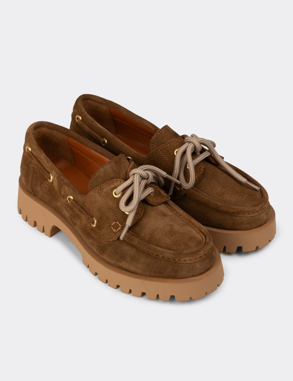 Women's Tan Suede Leather Boat Loafers - 02036ZTBAC01