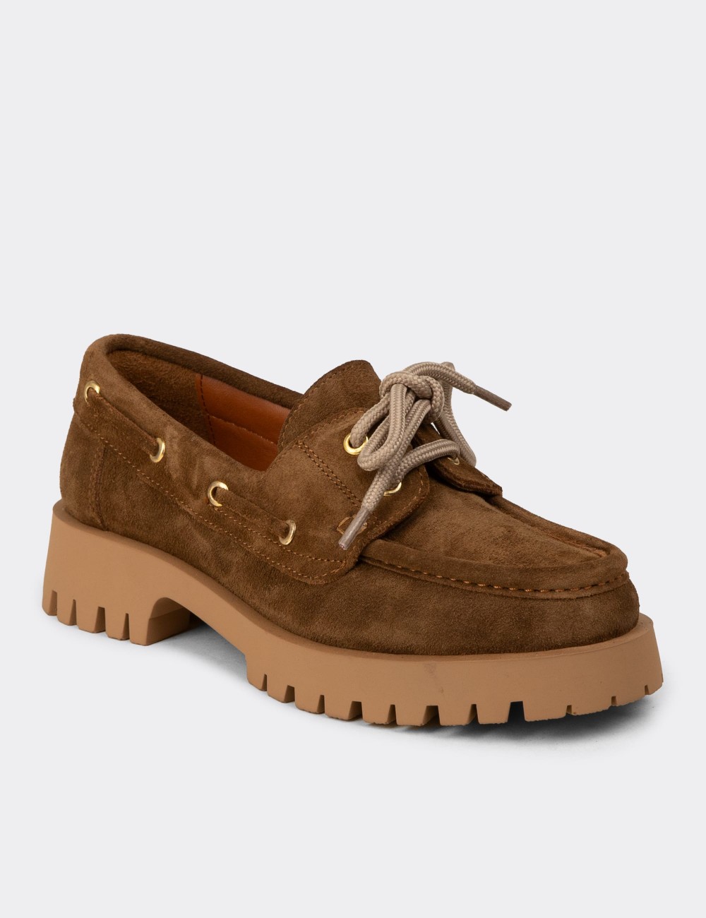 Women's Tan Suede Leather Boat Loafers - 02036ZTBAC01