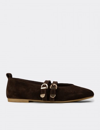 Women's Brown Suede Leather Flats - L2659ZKHVC01