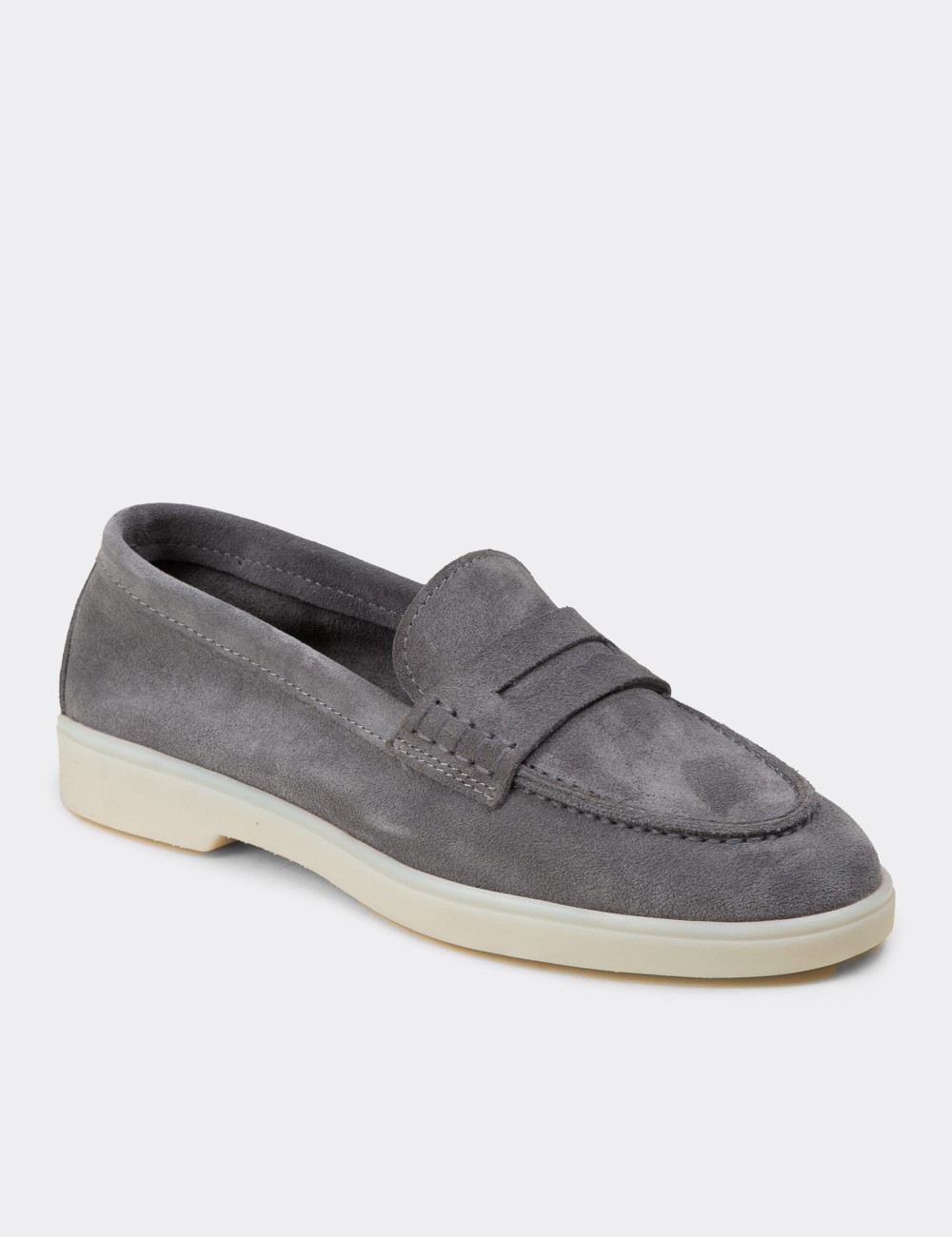 Women's Gray Suede Leather Loafers - 02038ZGRIC01