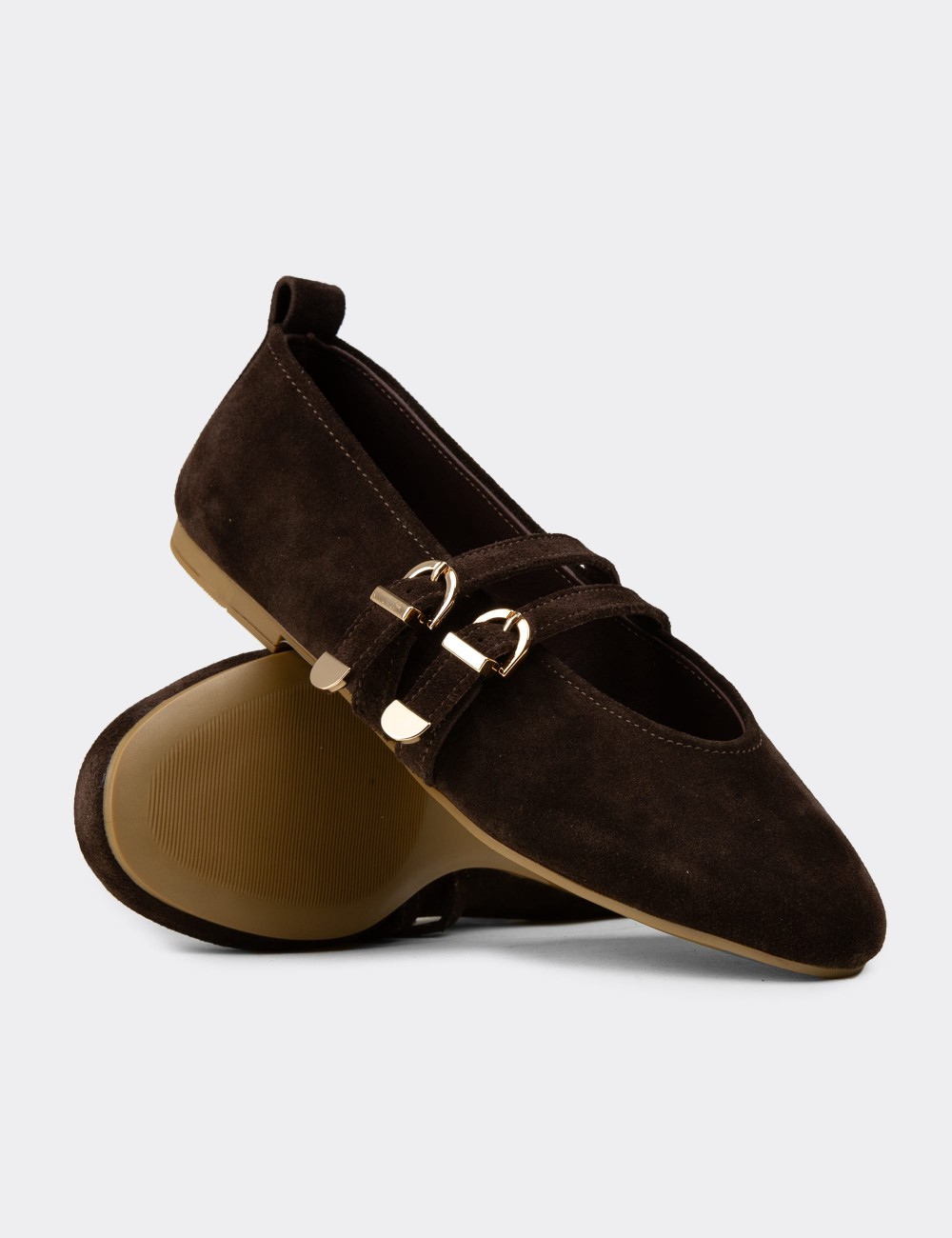 Women's Brown Suede Leather Flats - L2659ZKHVC01