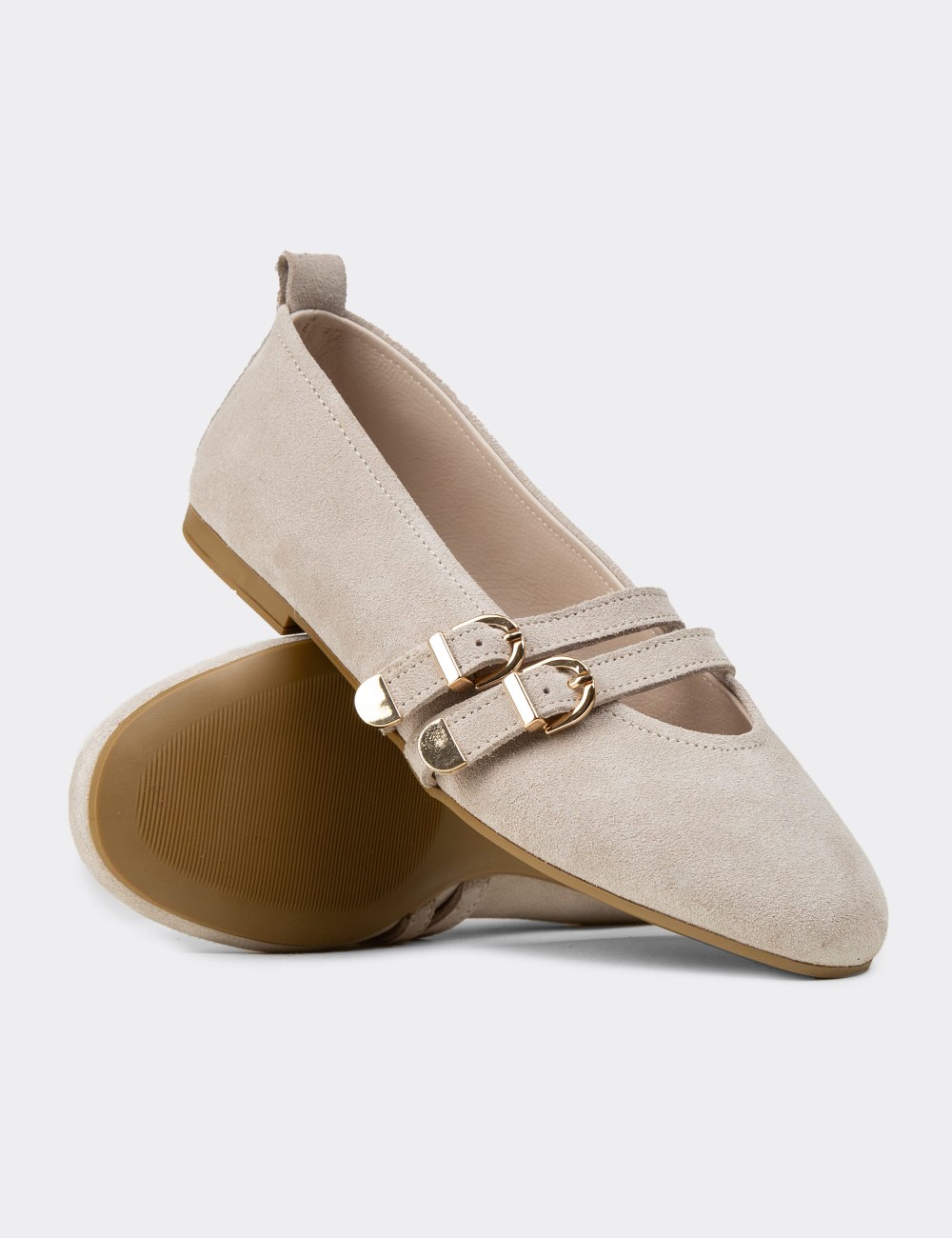 Women's Beige Suede Leather Flats - L2659ZBEJC01