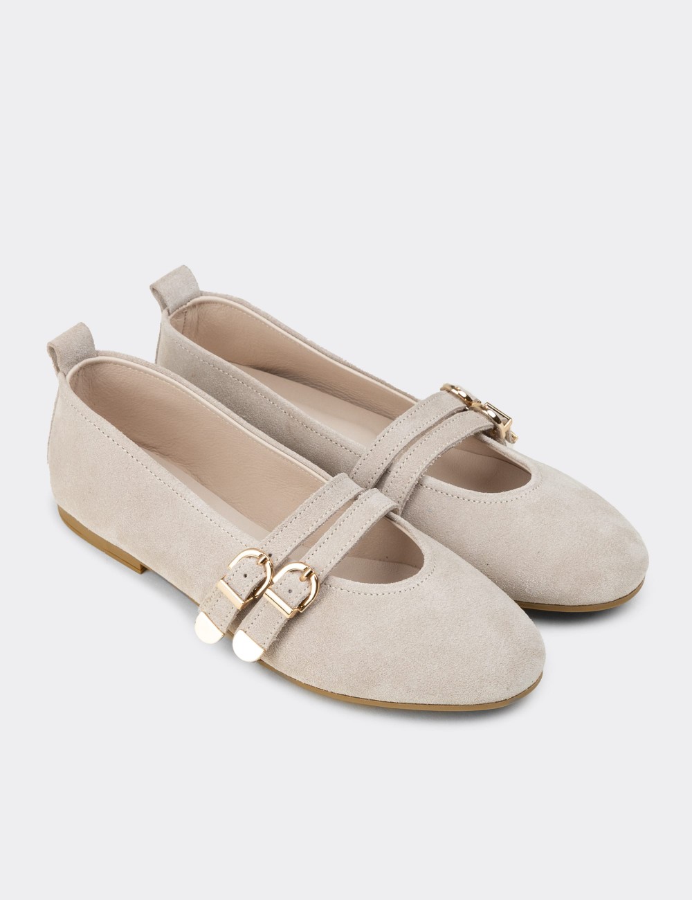 Women's Beige Suede Leather Flats - L2659ZBEJC01