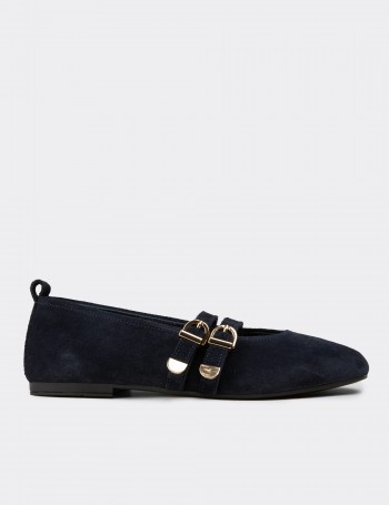 Women's Navy Suede Leather Flats - L2659ZLCVC01