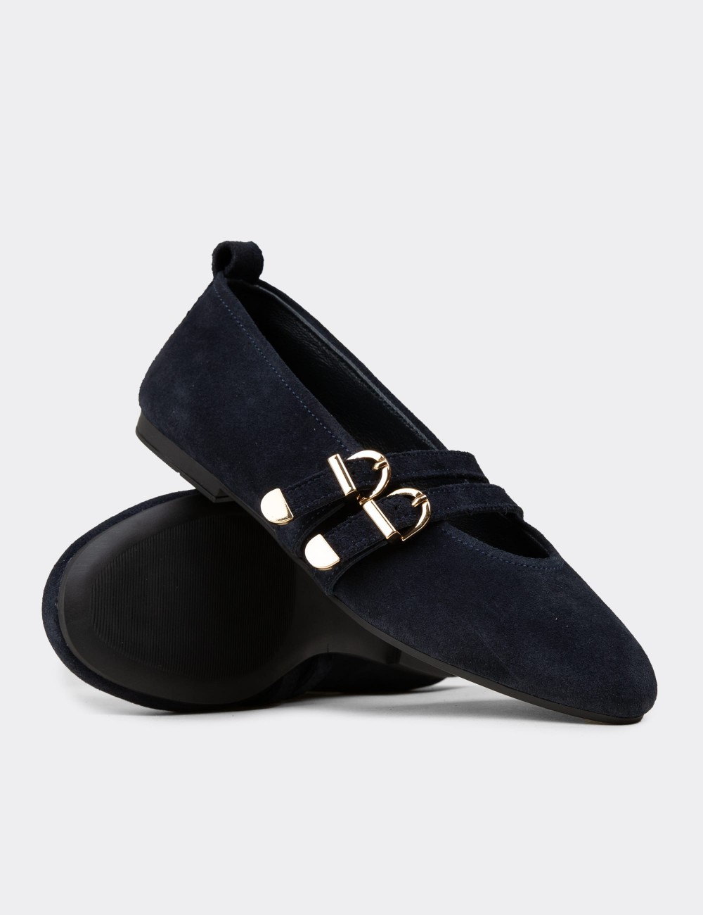 Women's Navy Suede Leather Flats - L2659ZLCVC01