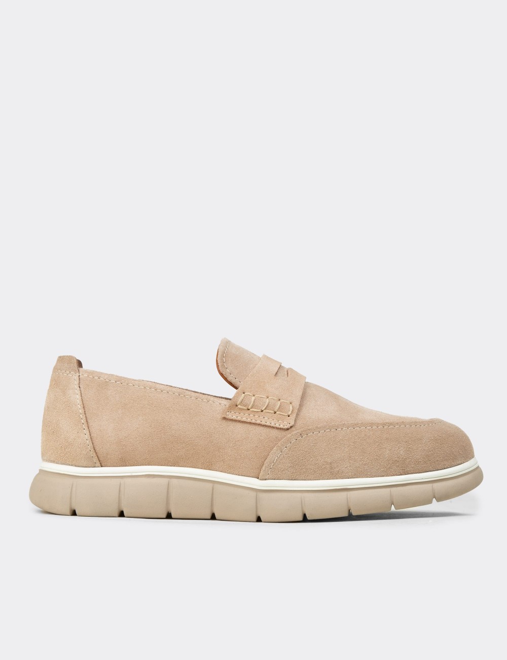 Men's Beige Suede Leather Slip-On Shoes - 02045MBEJE01