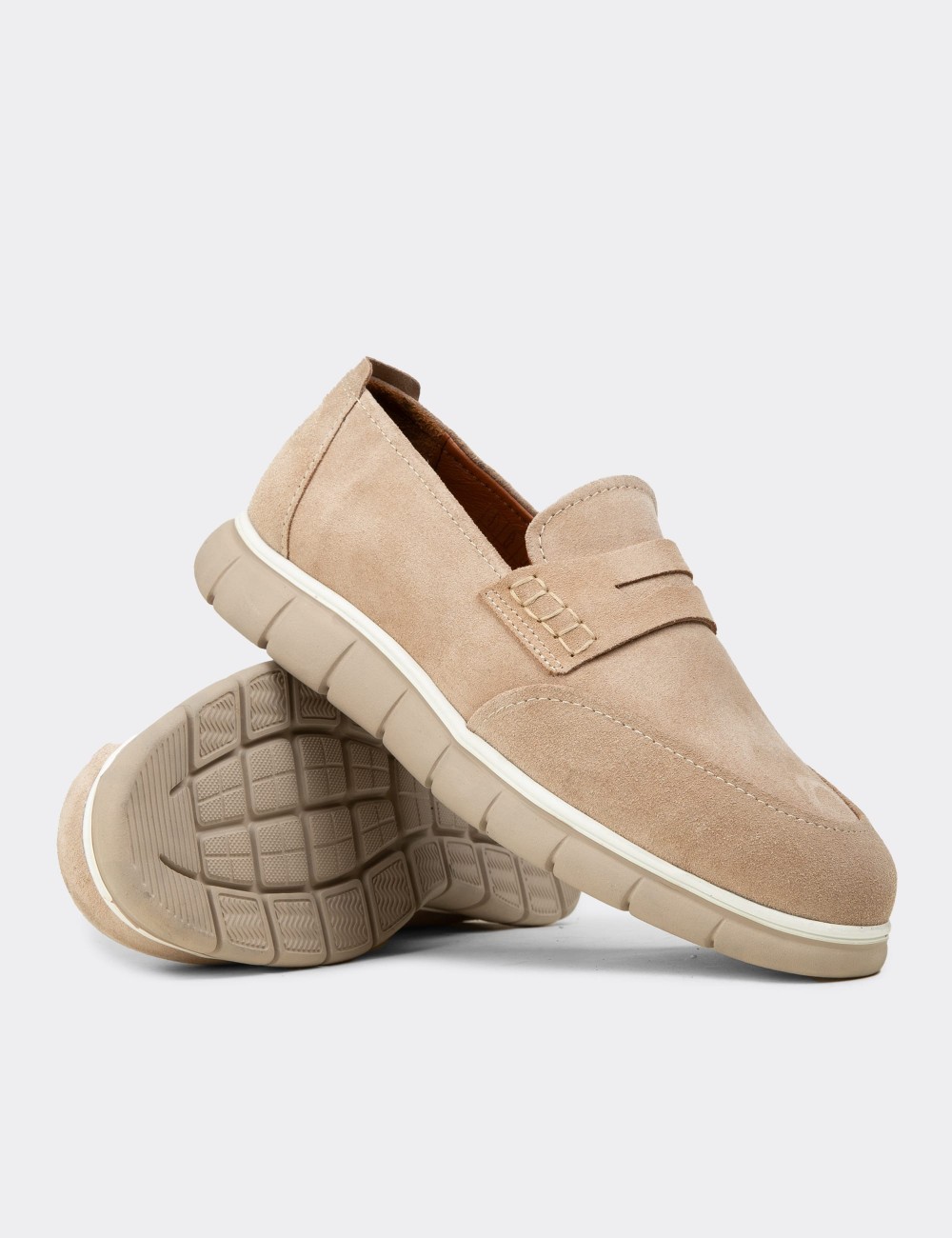 Men's Beige Suede Leather Slip-On Shoes - 02045MBEJE01