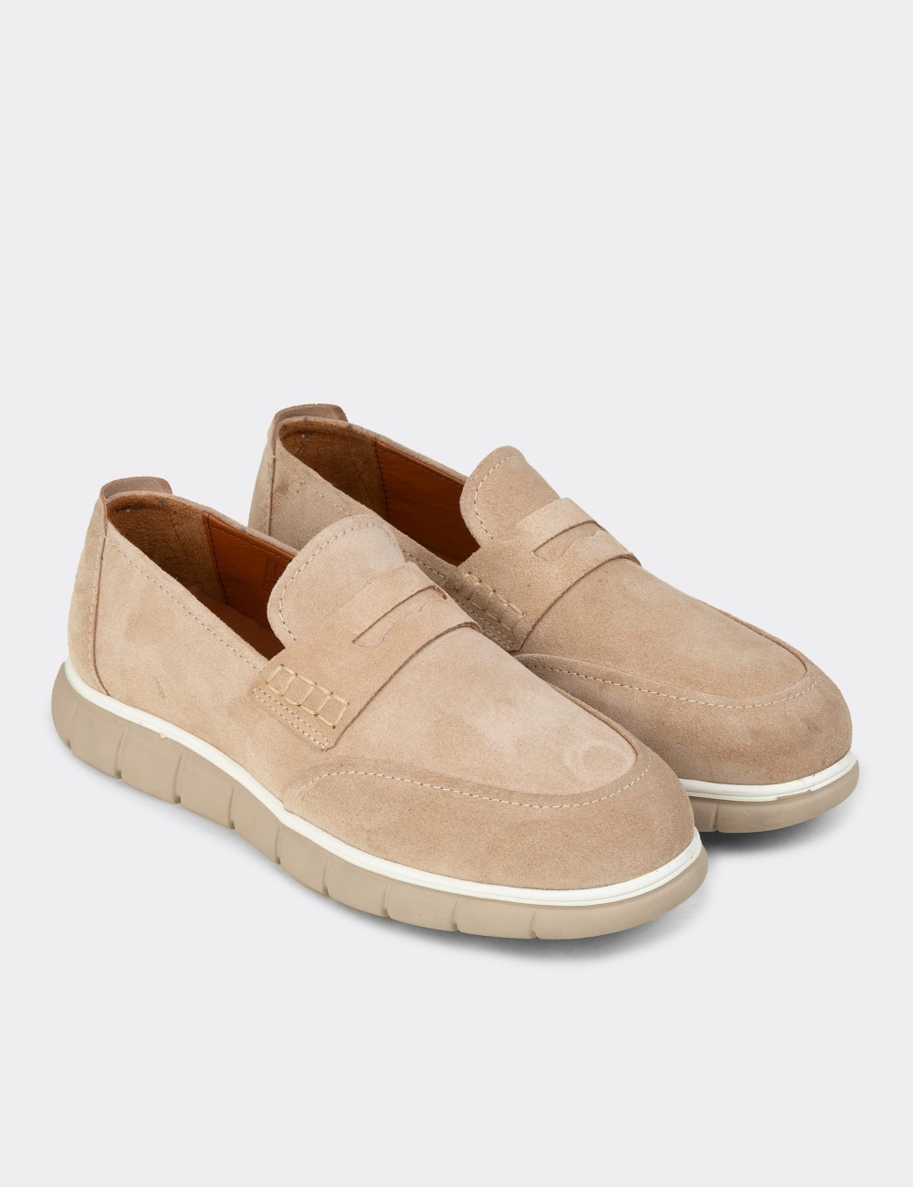 Men's Beige Suede Leather Slip-On Shoes - 02045MBEJE01