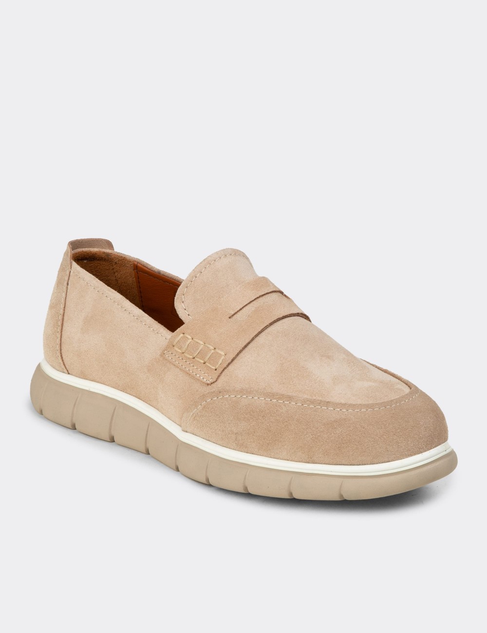 Men's Beige Suede Leather Slip-On Shoes - 02045MBEJE01