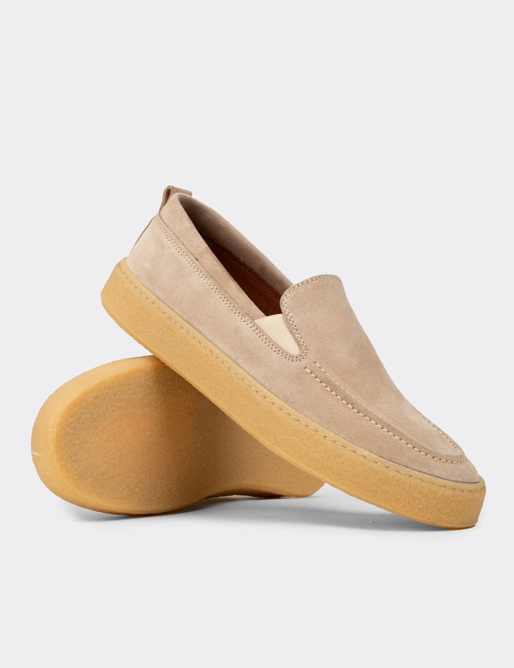 Men's Beige Suede Leather Slip-On Shoes - 02047MBEJC01