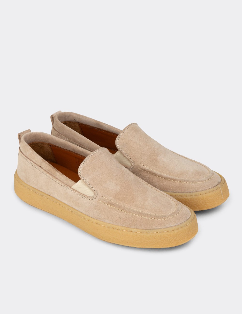 Men's Beige Suede Leather Slip-On Shoes - 02047MBEJC01