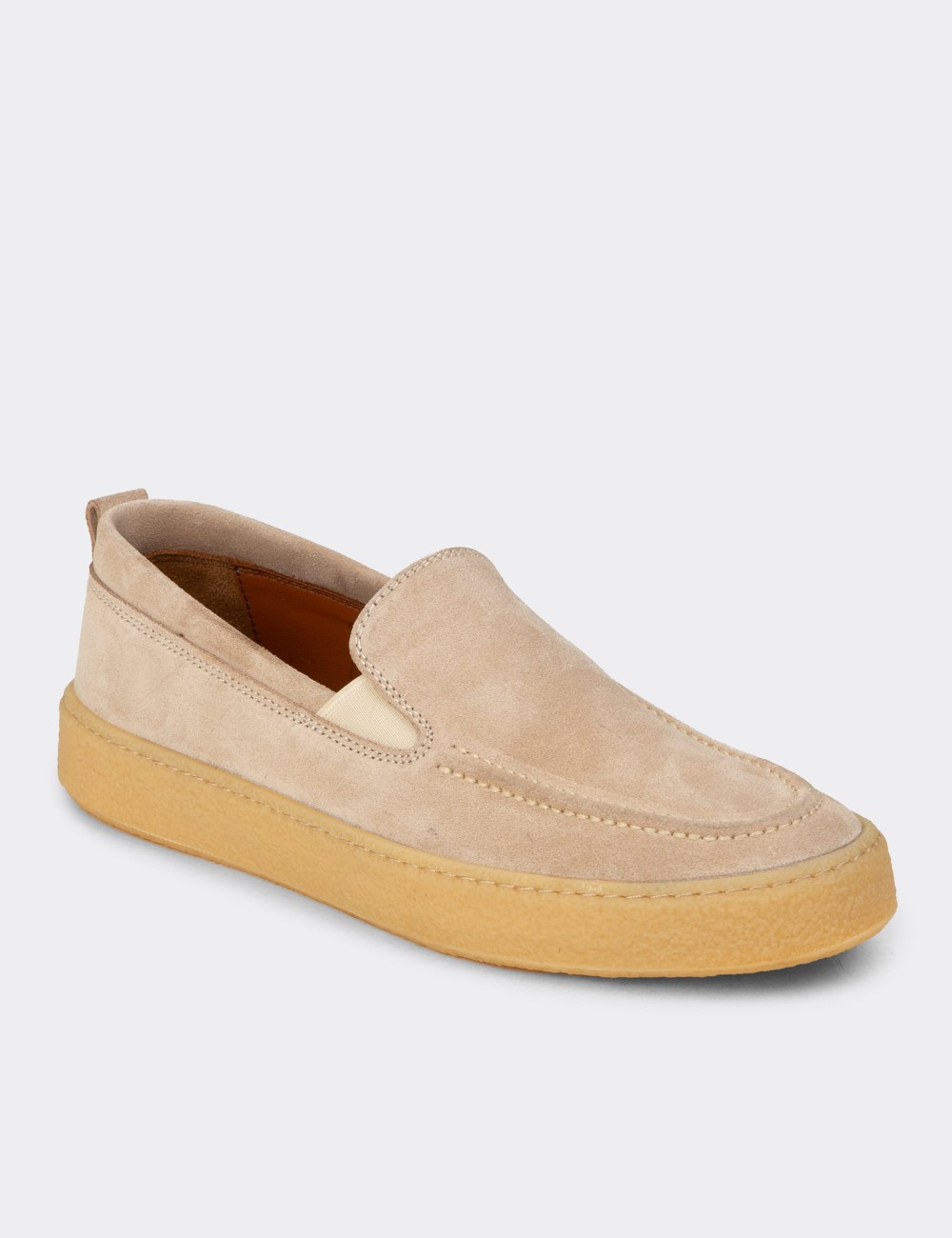 Men's Beige Suede Leather Slip-On Shoes - 02047MBEJC01