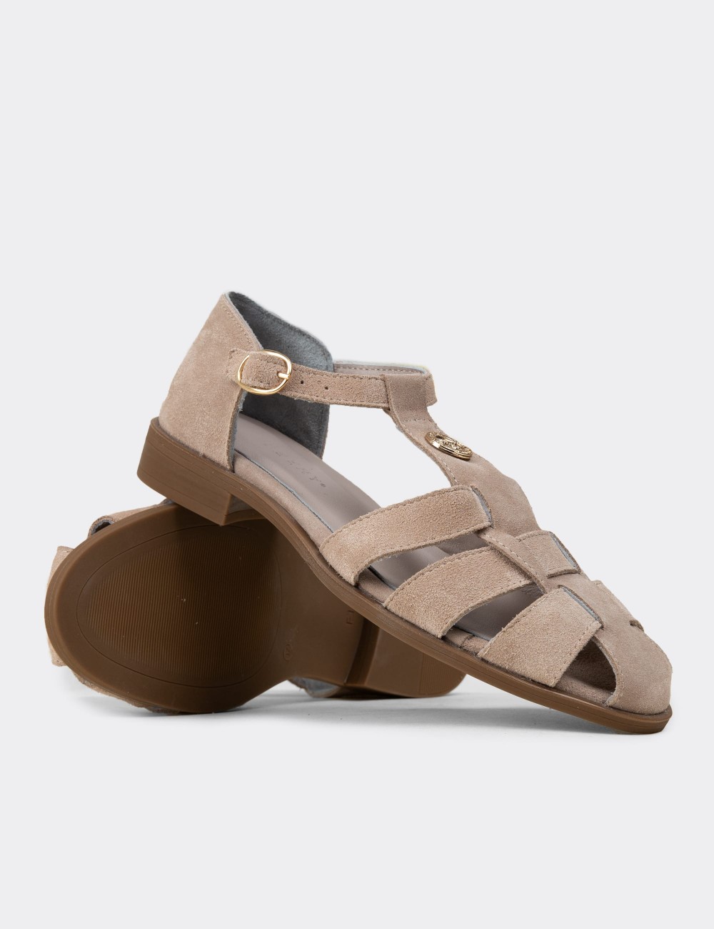 Women's Beige Suede Leather Sandals - Z4168ZBEJC01