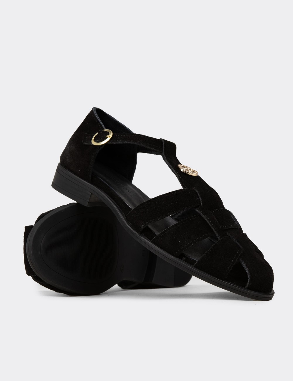 Women's Black Suede Leather Sandals - Z4168ZSYHC01